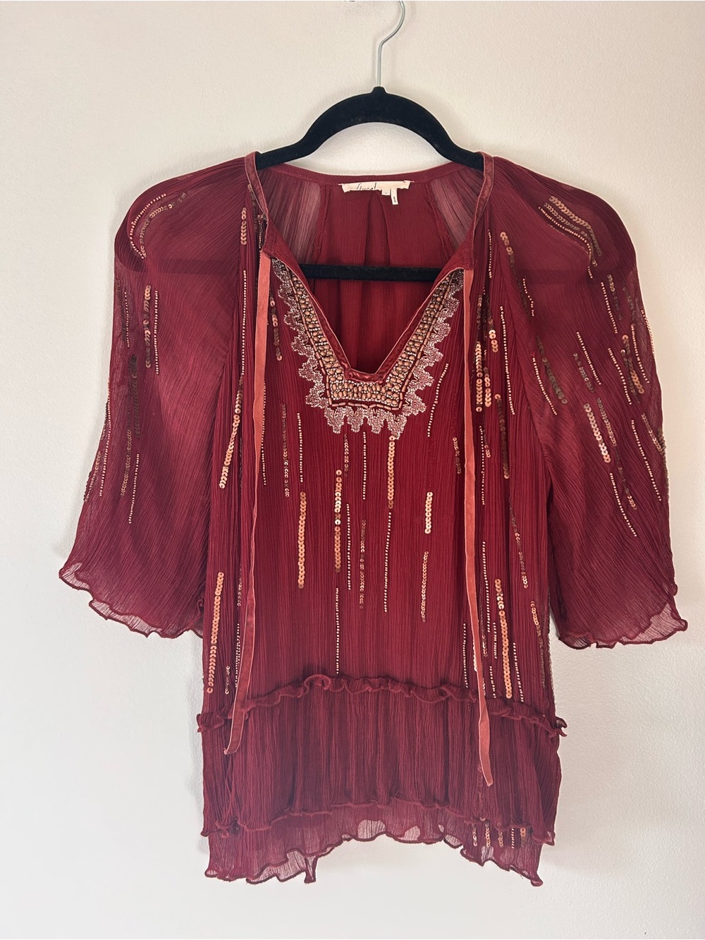 Floreat Burgundy Sequin Embellished Boho Blouse
